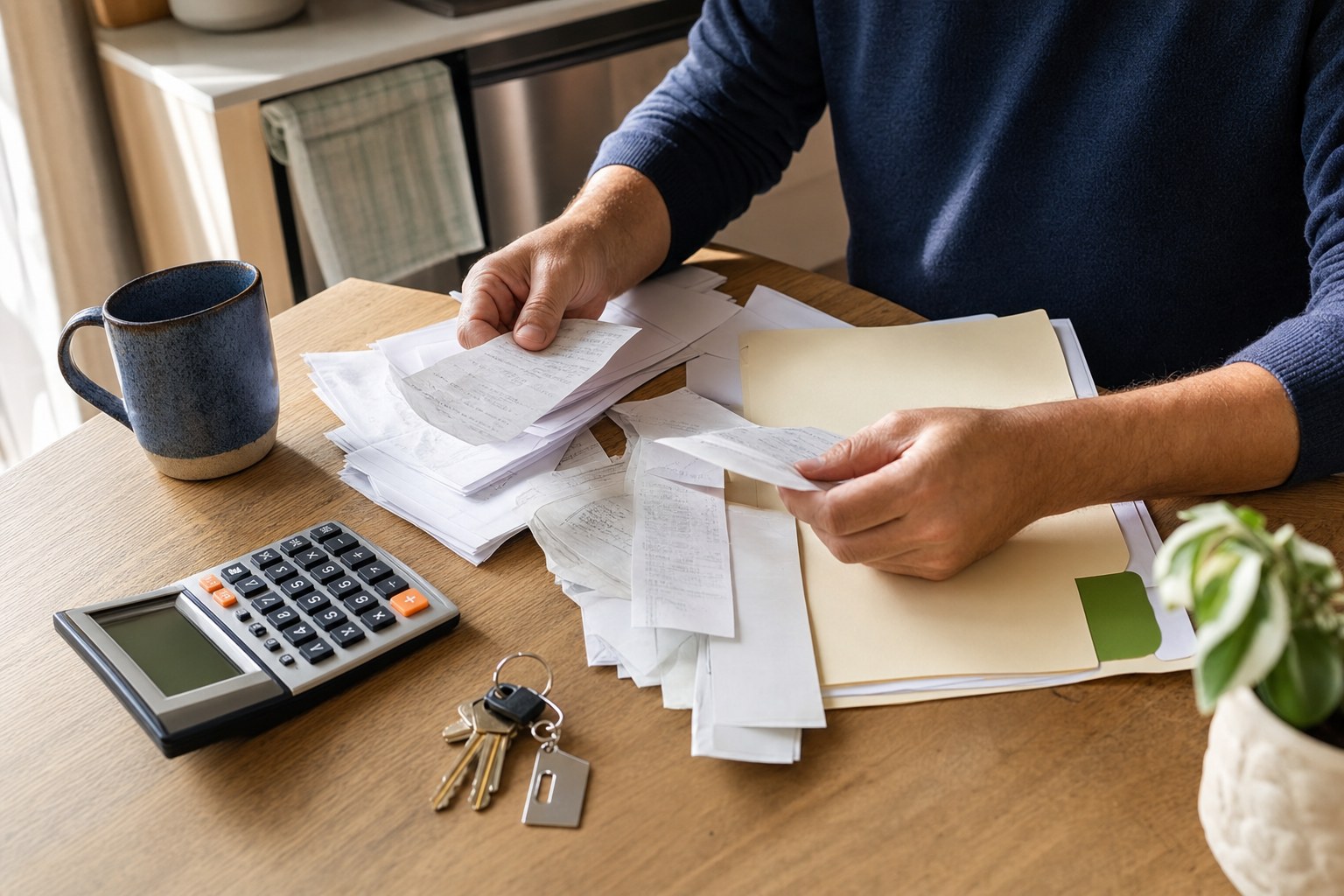 Rental property owner sorting expense records at a kitchen table