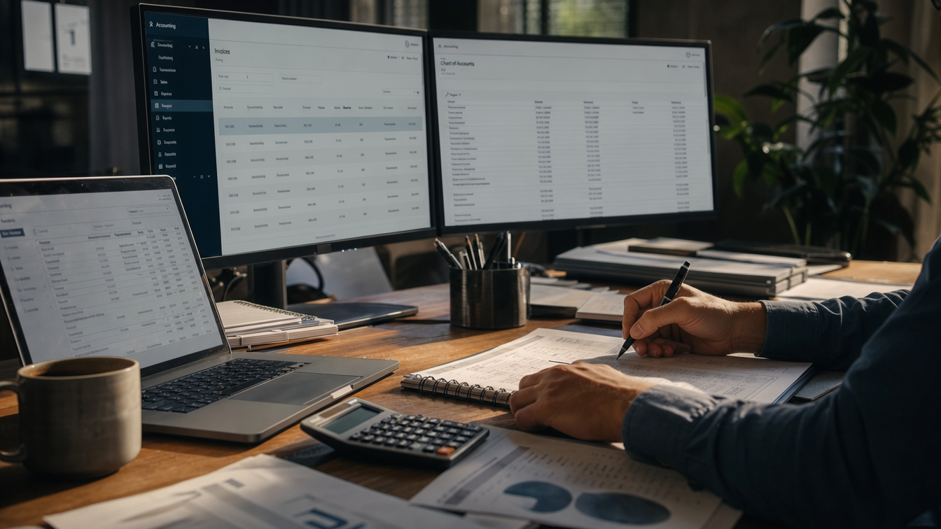 Bookkeeper reviewing financial records across multiple screens