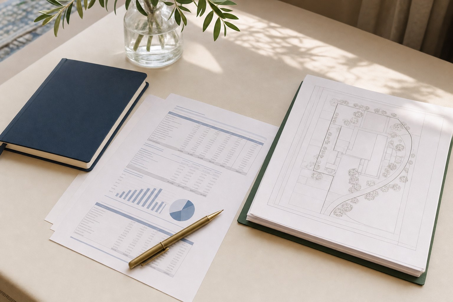Organized financial records beside a property plan