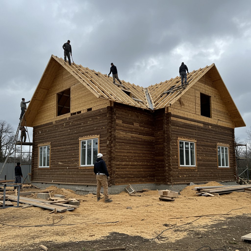 Workers renovating a large wooden house
