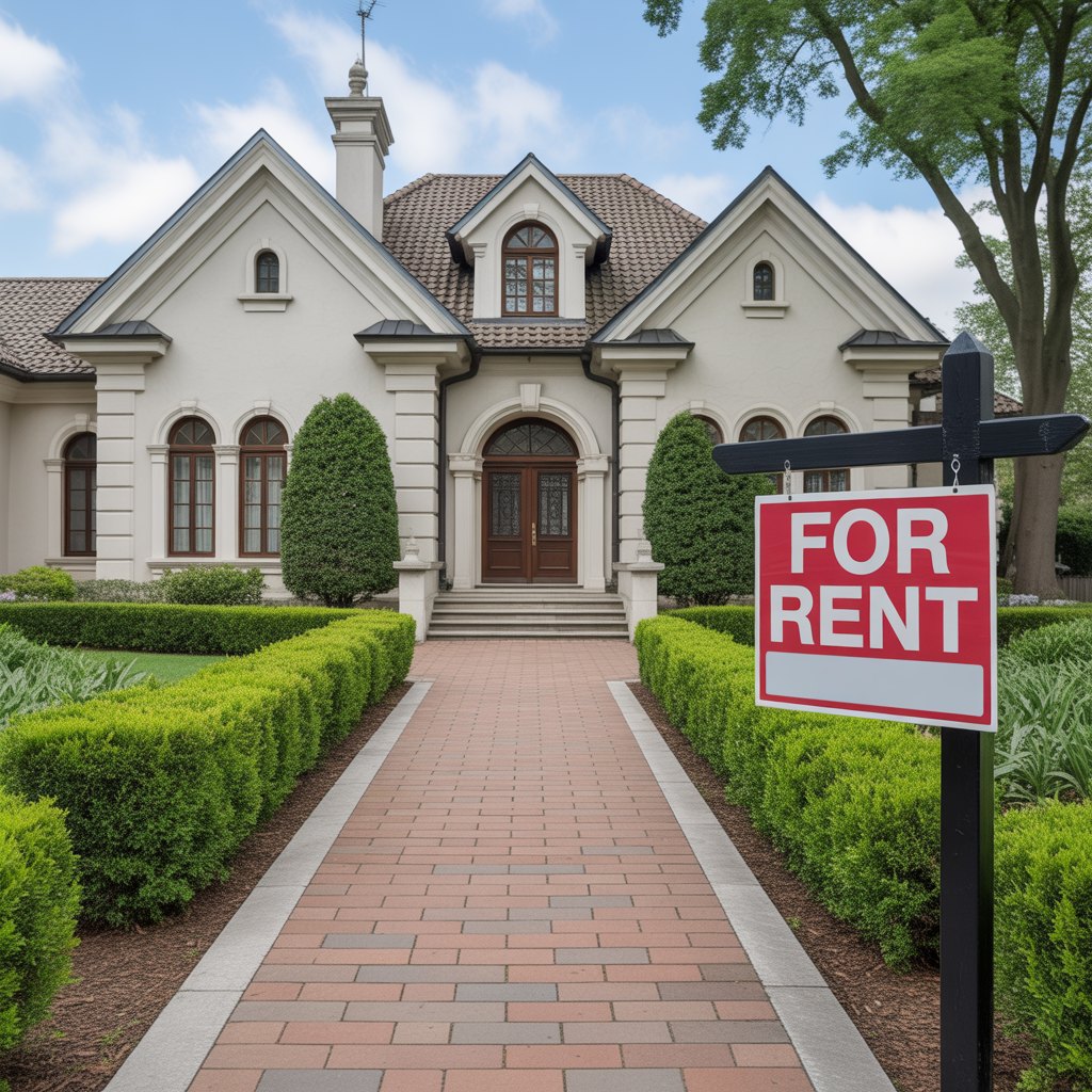 Rental home with manicured shrubs and a for-rent sign