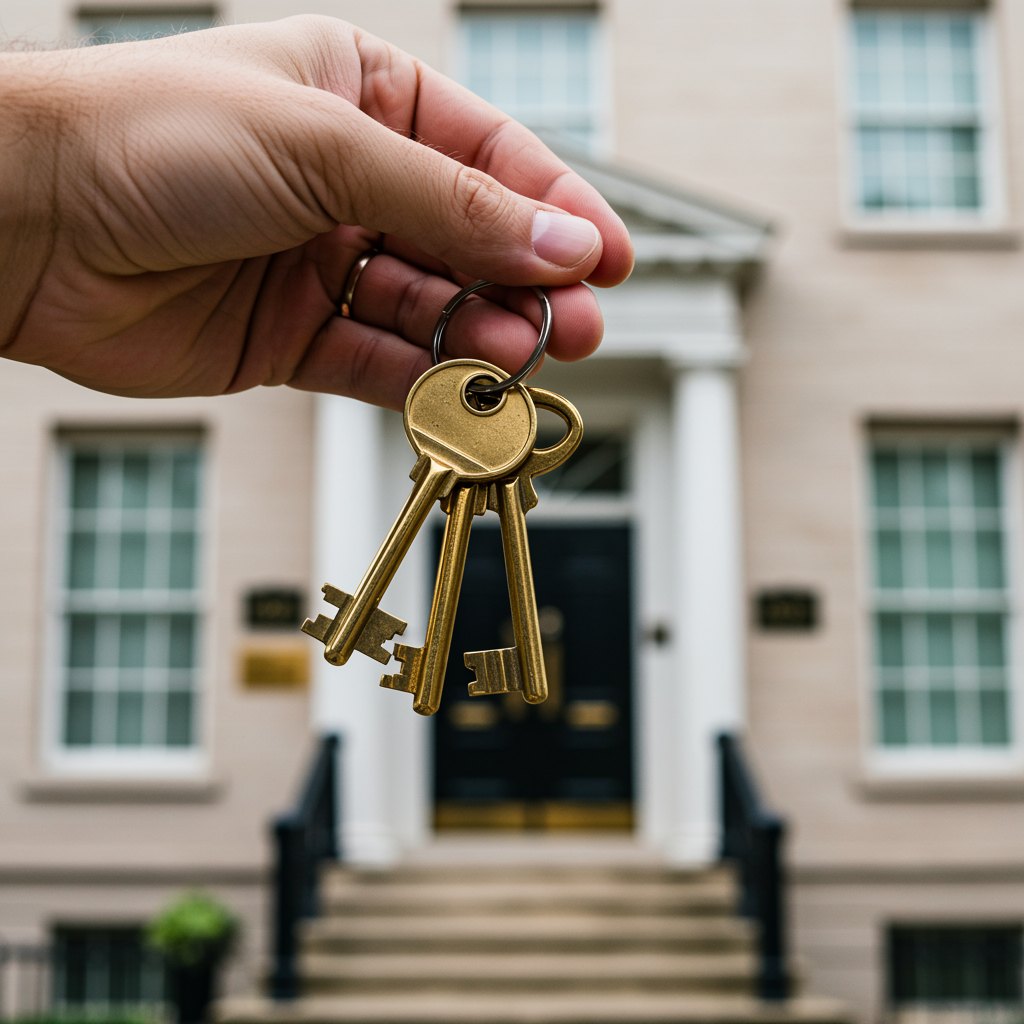 Hand holding brass house keys in front of a townhouse
