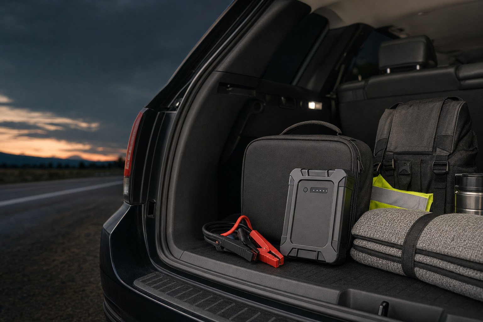 Emergency gear organized in an open vehicle trunk