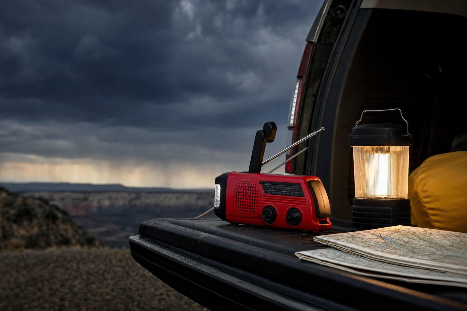 Gear ready for changing weather beside a vehicle