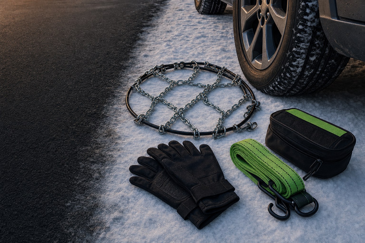 Tire chains and traction gear beside a vehicle wheel