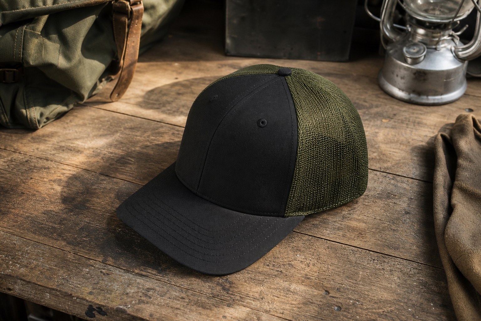 Black and green trucker hat on a rugged wooden workbench