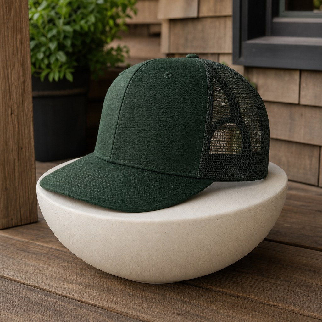 Mesh trucker hat air drying over a rounded bowl