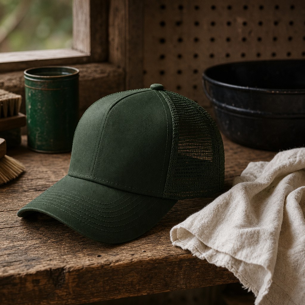 Trucker hat beside a clean cloth on a workbench