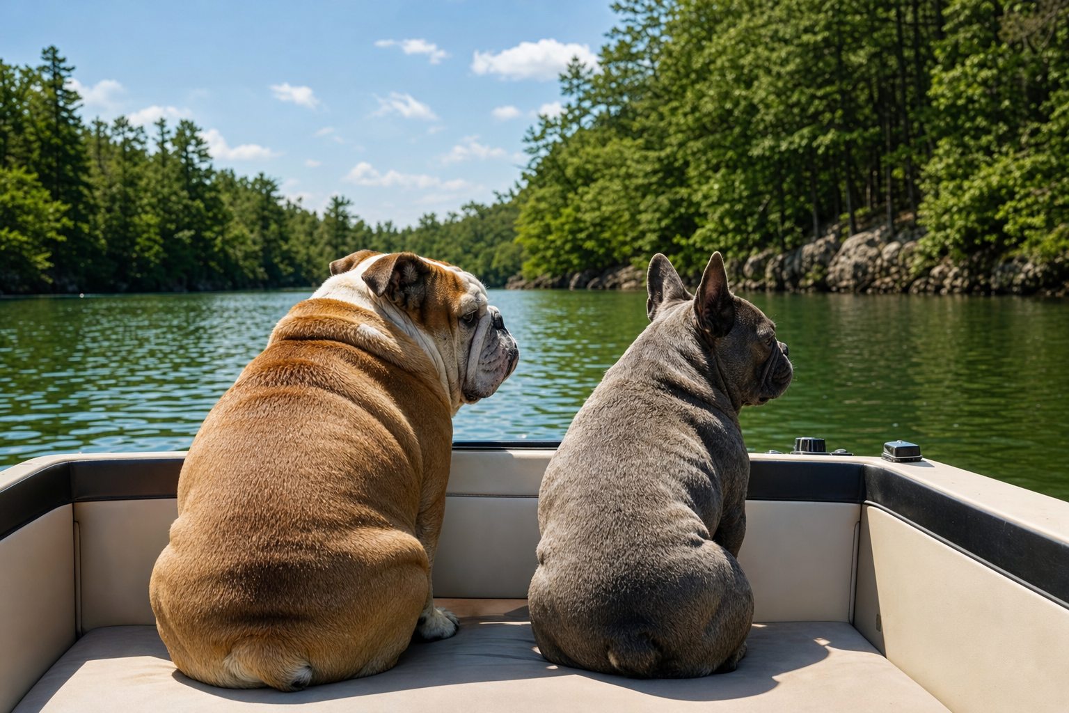 Two bulldogs enjoying a summer boat day on a wooded lake