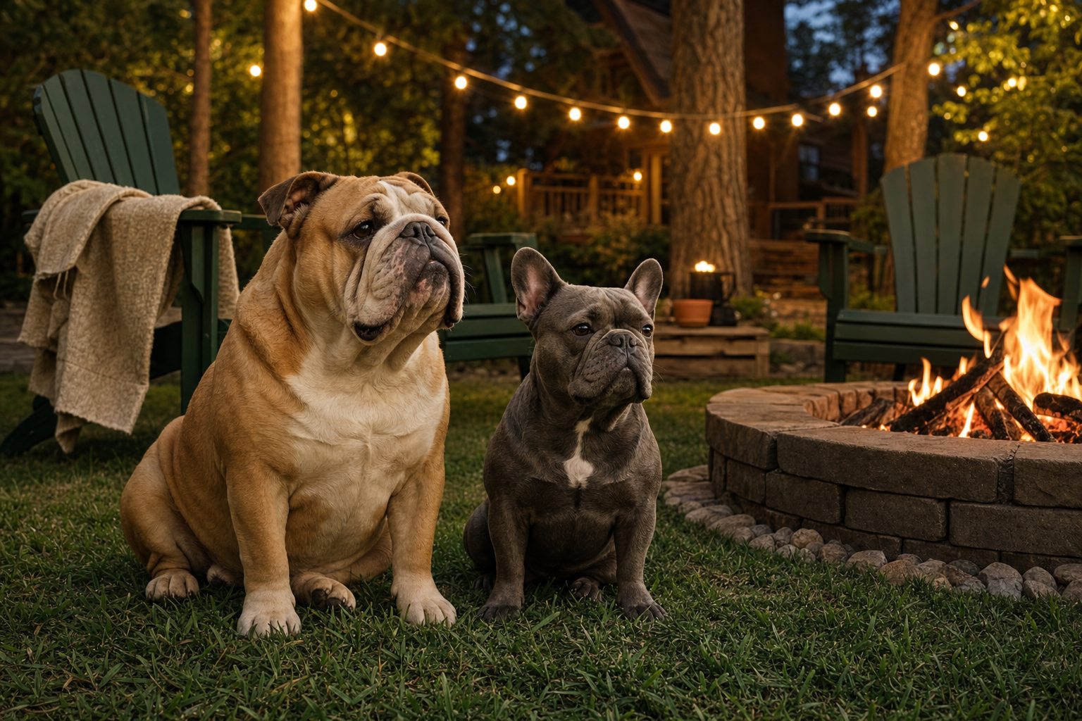 Two bulldogs relaxing beside a backyard fire pit under string lights