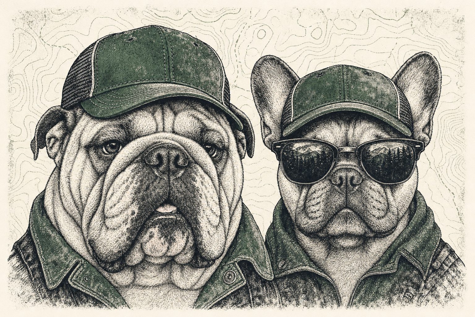 Gritty ink illustration of an English bulldog and a French bulldog in green caps