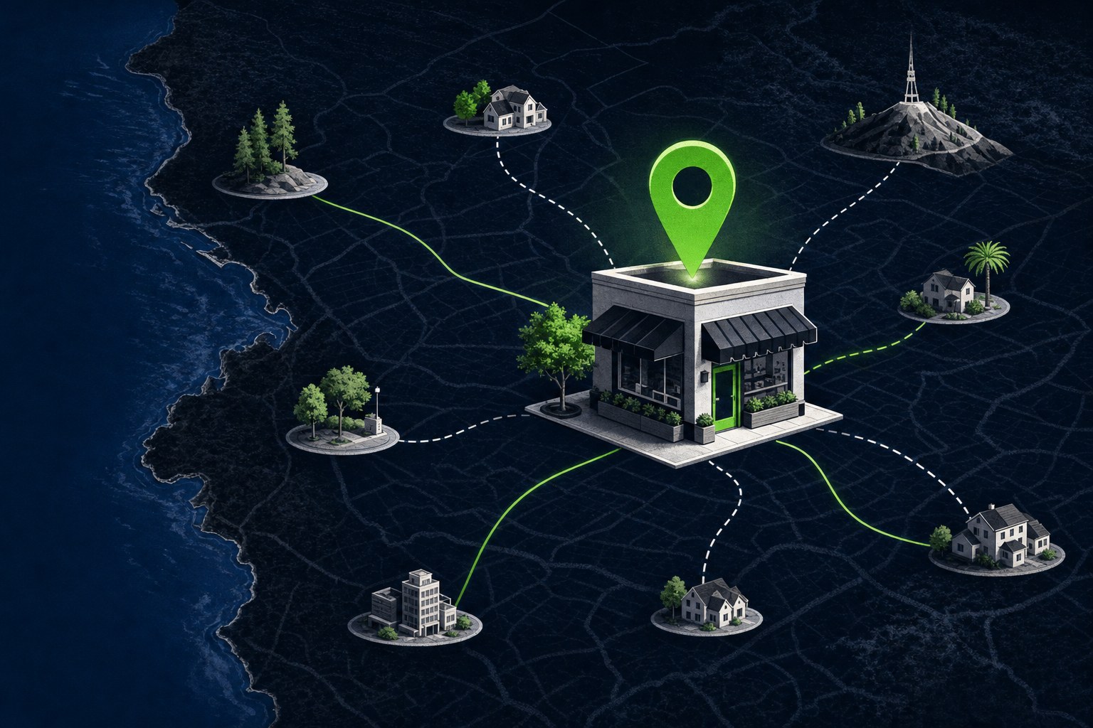 A local storefront marked by a green location pin on a map