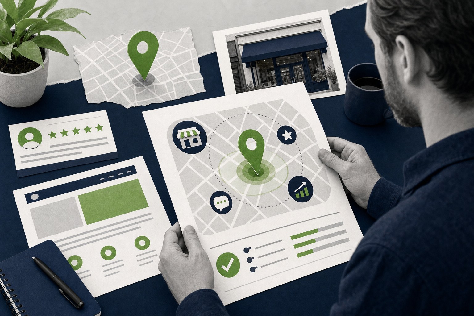 A business owner reviewing a local visibility plan with a map, storefront photo, and customer review