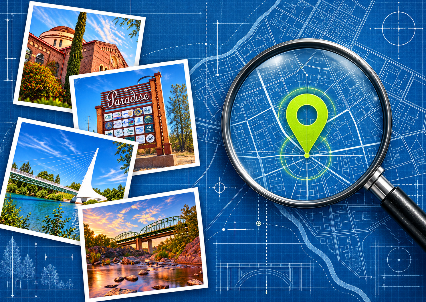 Map illustration with Northern California landmark photos and a green location pin, representing the communities served by MyMediaGuy Search.