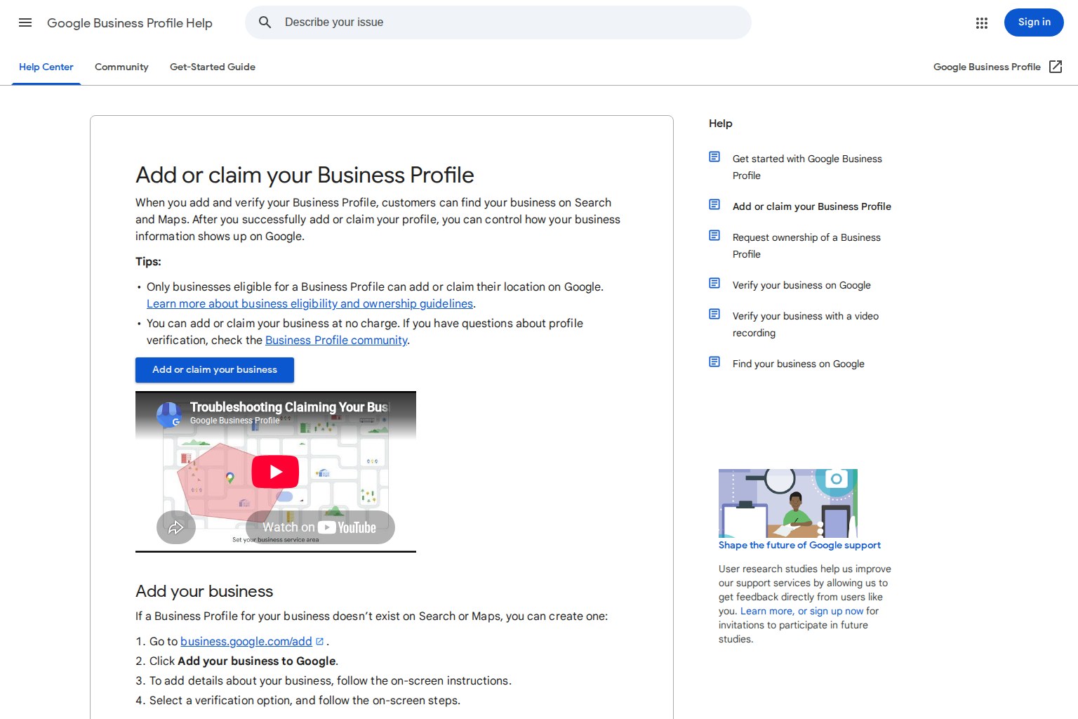 Google Business Profile Help page showing options to add or claim a business