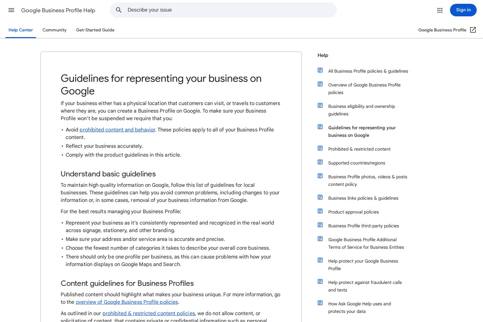 Google Business Profile Help page outlining accurate business representation guidelines
