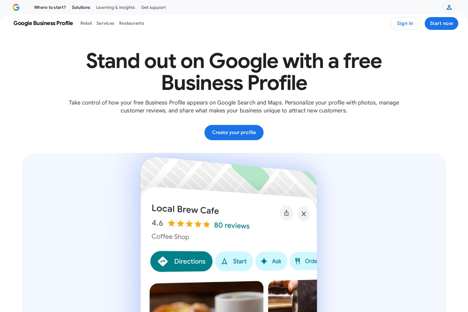 Google Business Profile page explaining how a business can appear on Google Search and Maps
