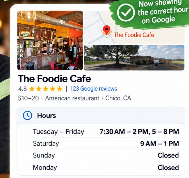 The Foodie Cafe Google Business Profile showing 4.8 stars, customer reviews, and corrected dinner hours
