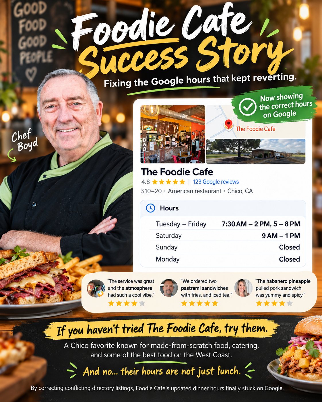 Foodie Cafe success story showing Chef Boyd, Google Business Profile rating, reviews, and corrected dinner hours