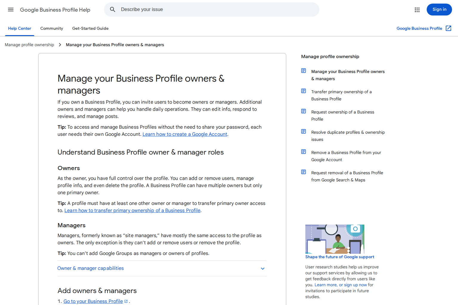 Google Business Profile Help page showing guidance for owners and managers
