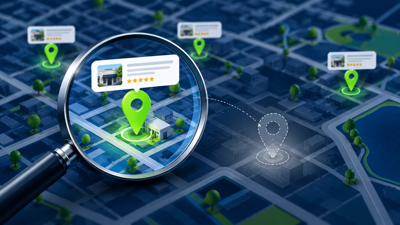 Local business visibility on Google Maps illustrated with search, map pins, and a missing business marker