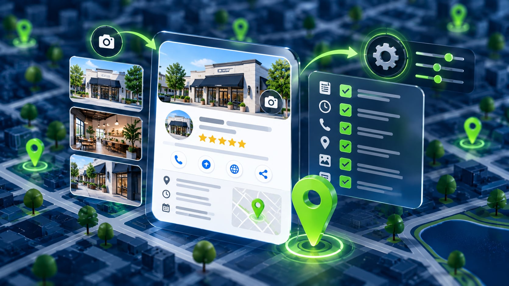 Google Business Profile optimization illustrated with business details, photos, reviews, map location, and checklist items