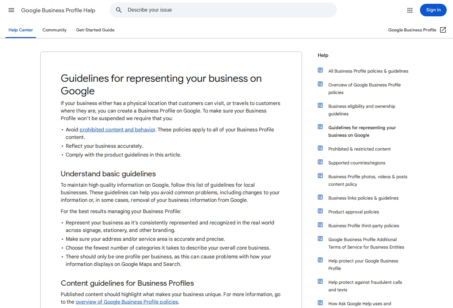 Google Business Profile Help page describing business representation guidelines