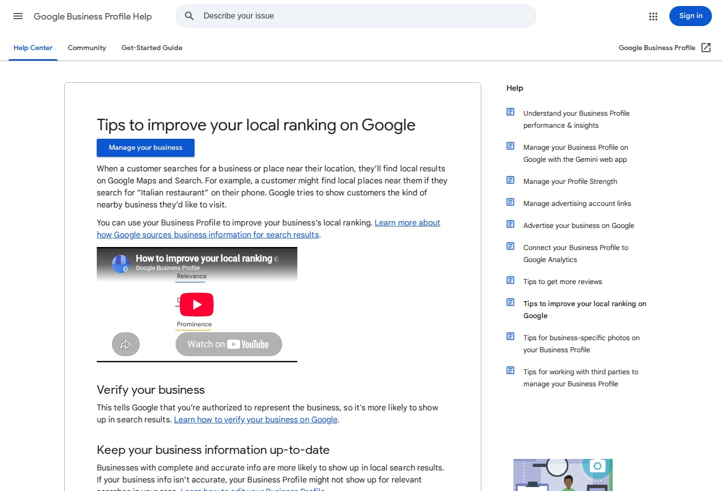 Google Business Profile Help page about improving local business visibility
