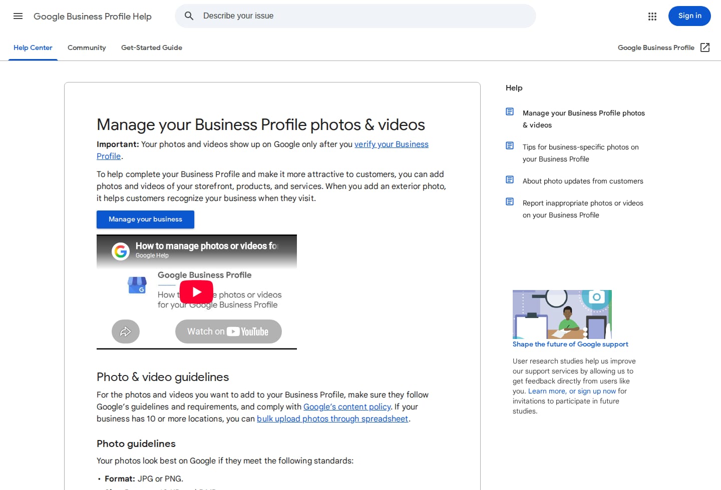 Google Business Profile Help page about adding business photos and videos