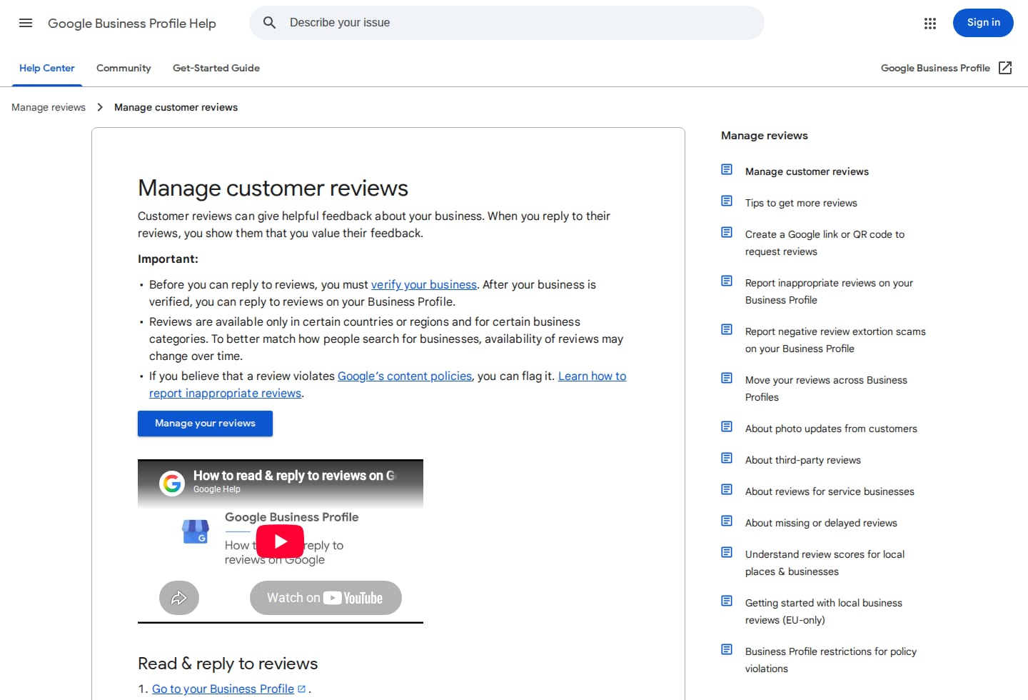 Google Business Profile Help page about managing customer reviews