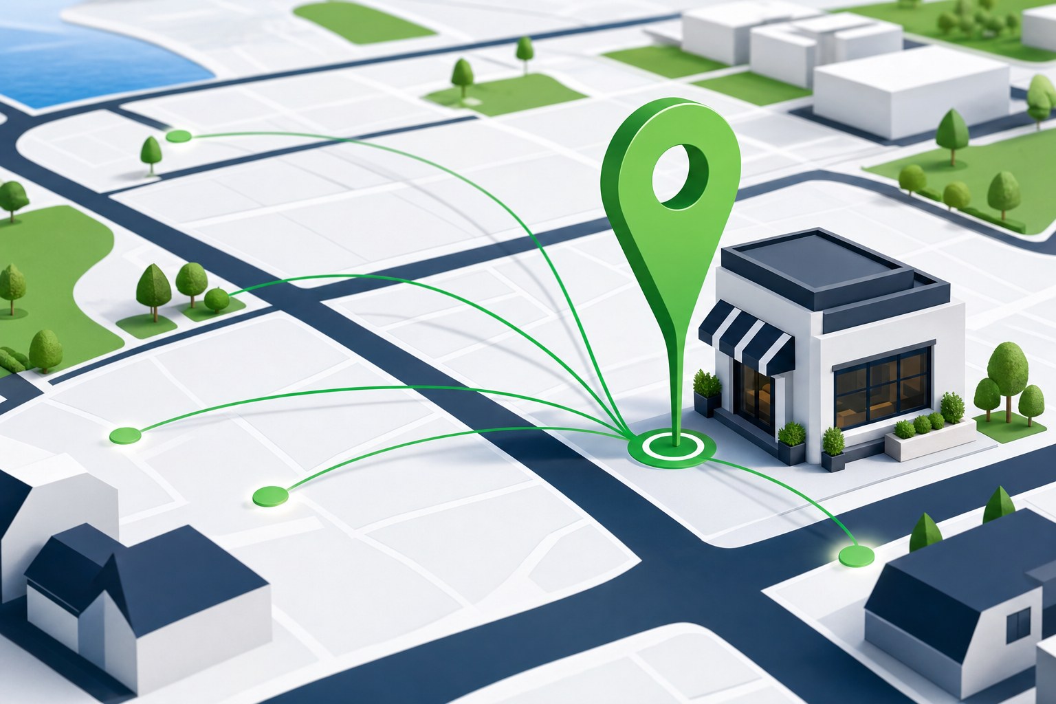 Illustration of a local storefront on a neighborhood map with a green location pin