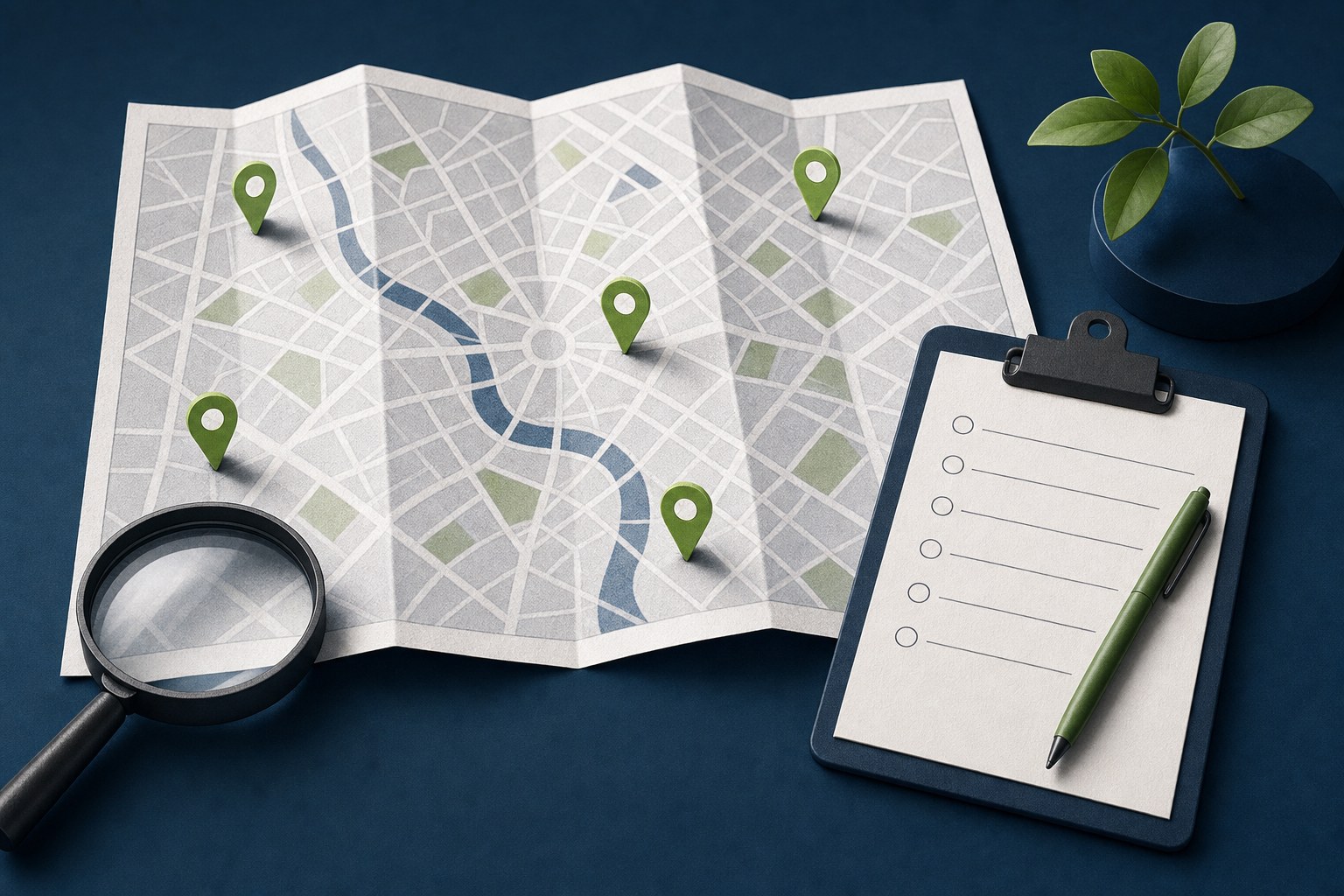 Illustration of a city map, location pins, magnifying glass, and checklist