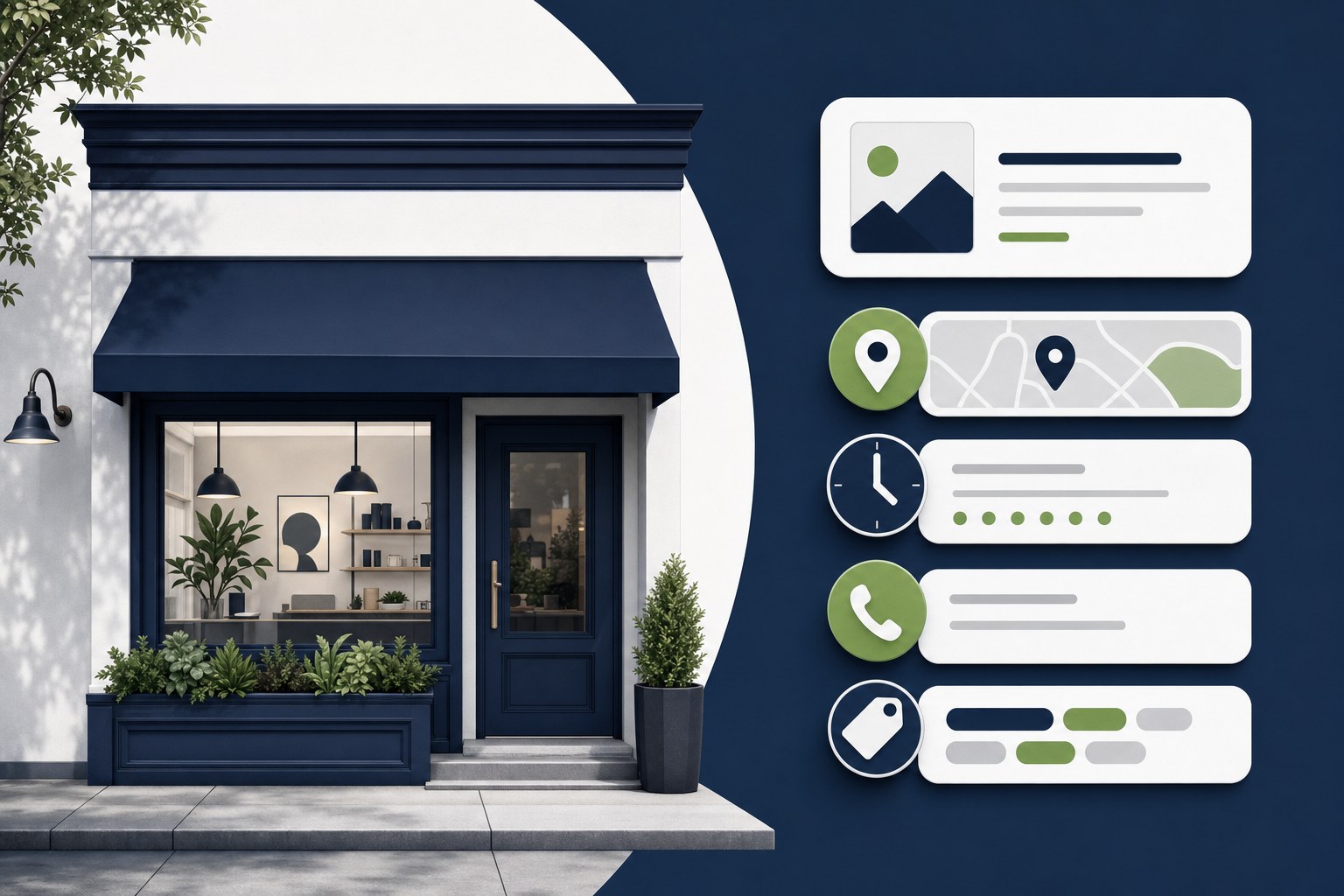 Illustration of a local storefront with organized business details
