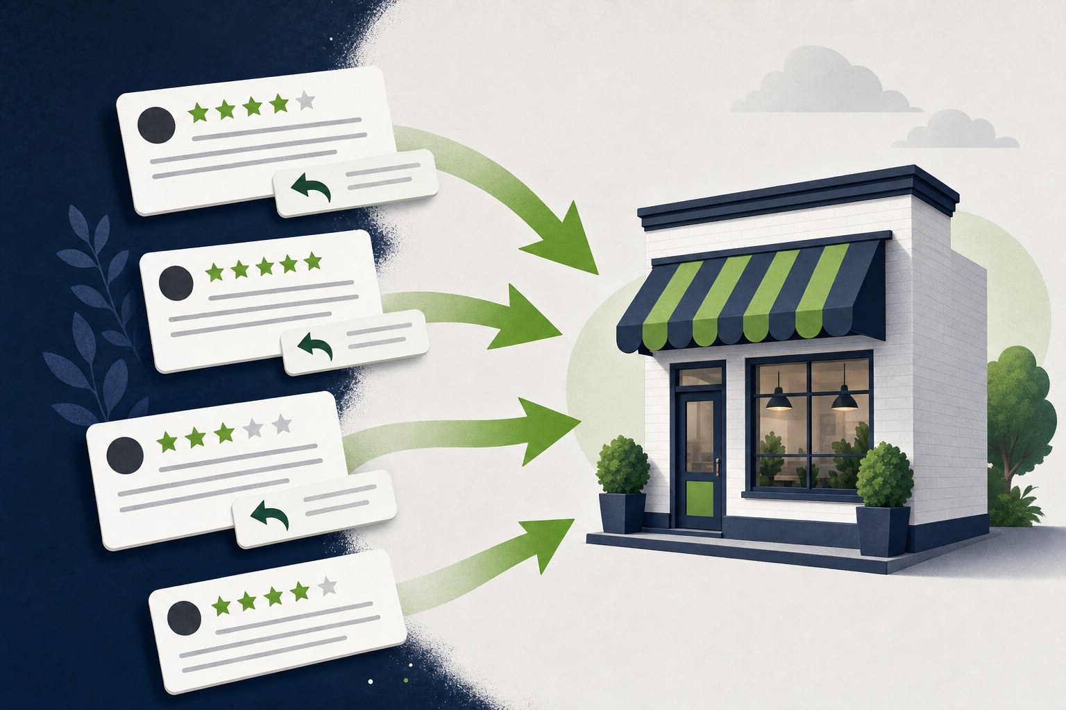 Illustration of customer review cards flowing toward a local storefront