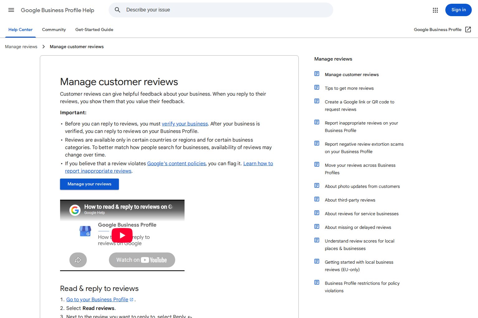 Google Business Profile Help page explaining how to manage customer reviews