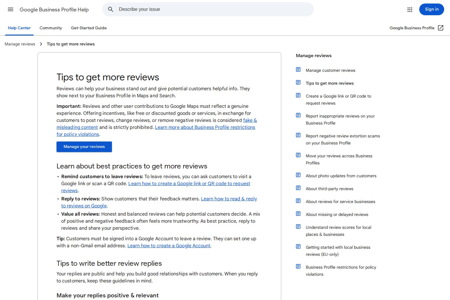 Google Business Profile Help page with practical tips for getting and replying to customer reviews