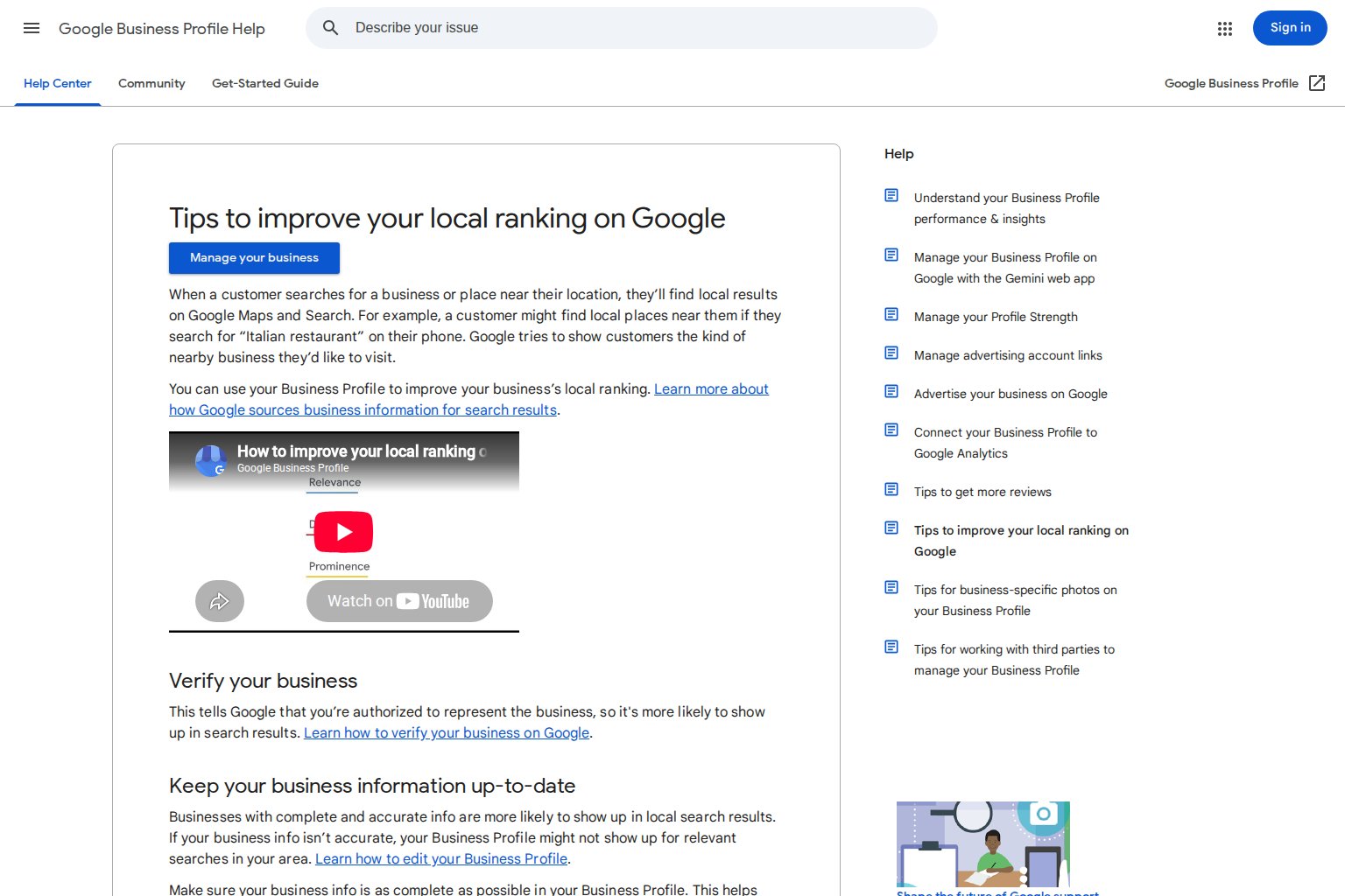 Google Business Profile Help page about improving local ranking and keeping business information current