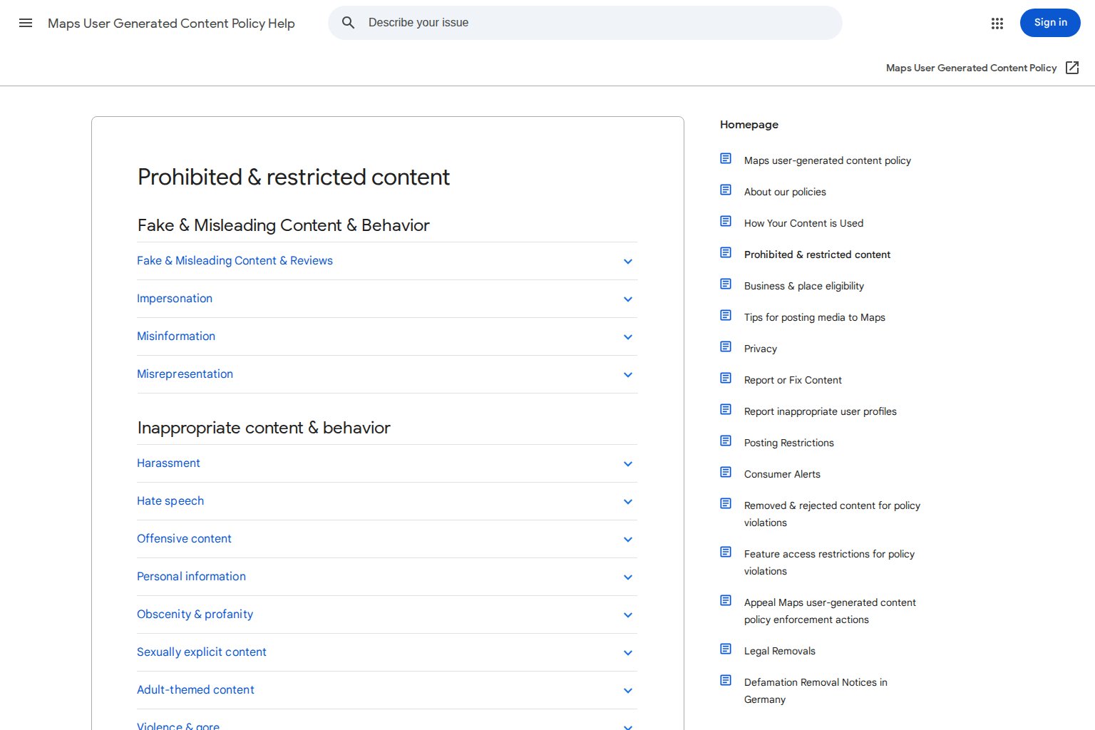Google Maps User Generated Content Policy Help page