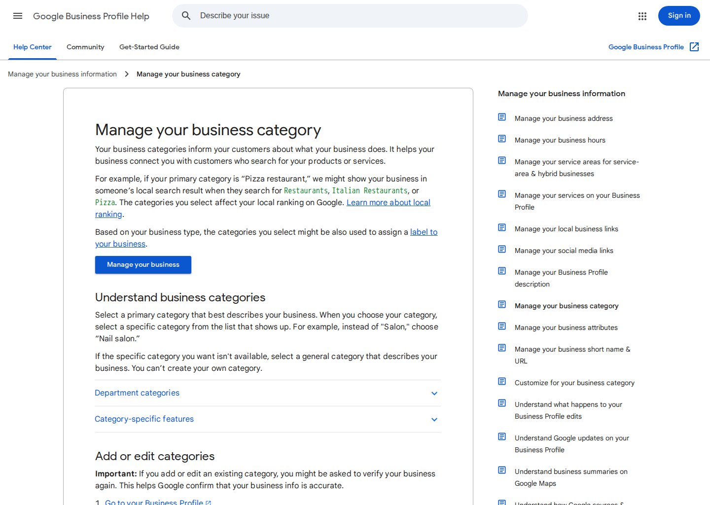 Google Business Profile Help page about managing a business category