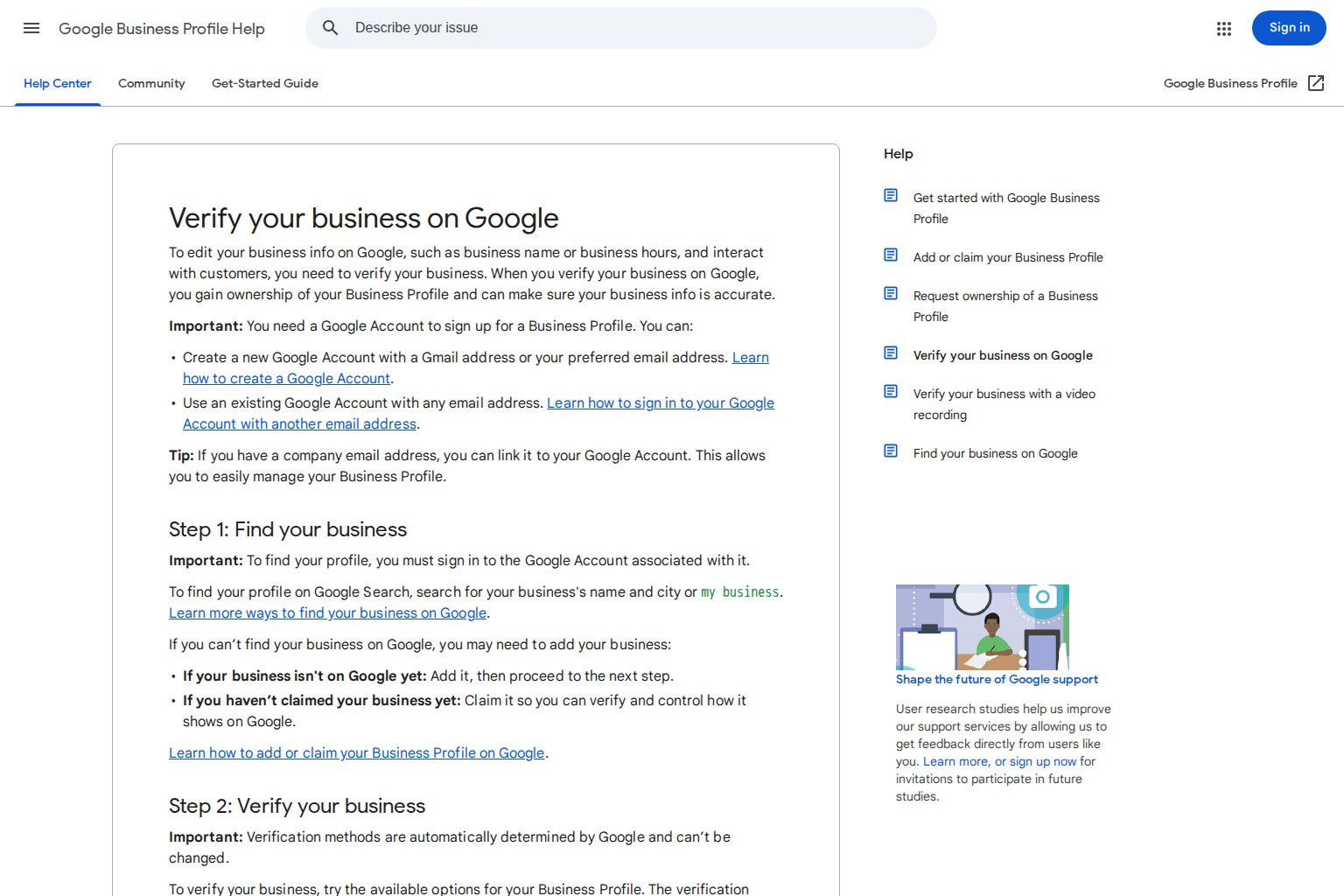 Google Business Profile Help page explaining business verification