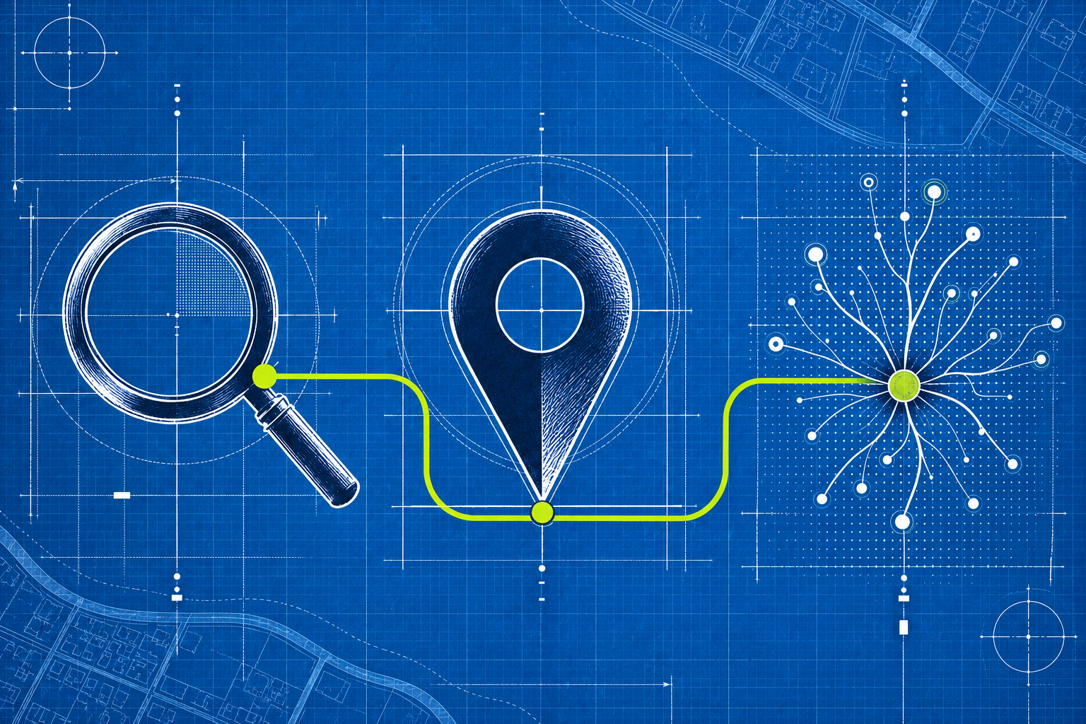 Blueprint illustration showing a magnifying glass, map pin, and connected search signals