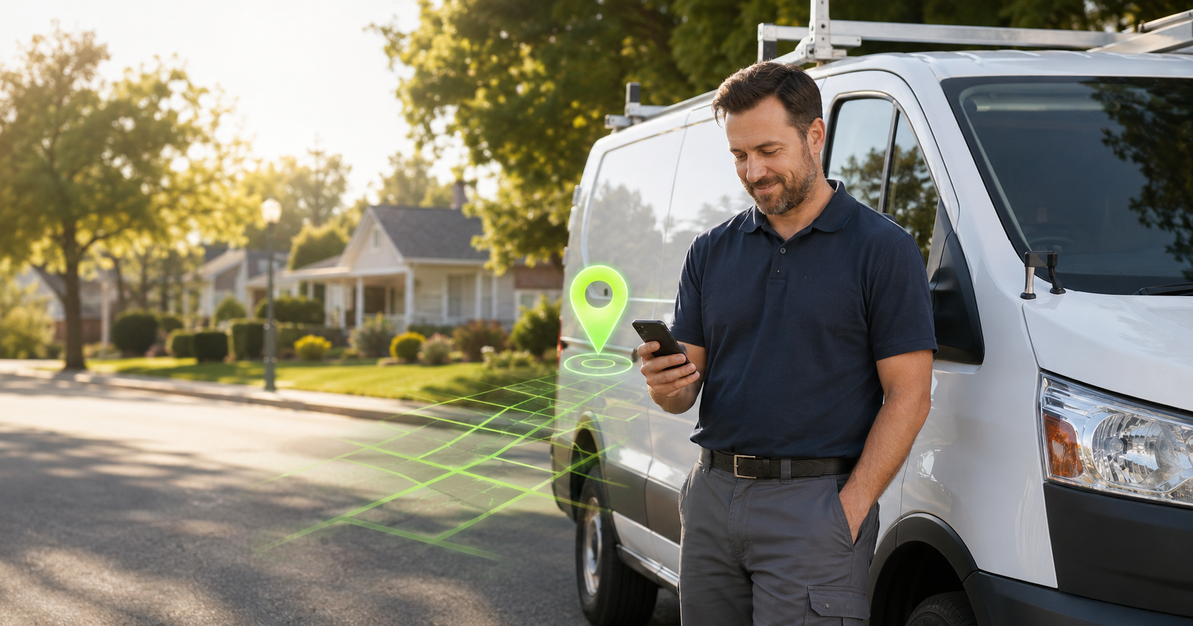 Local home service professional beside a work vehicle in a Northern California neighborhood