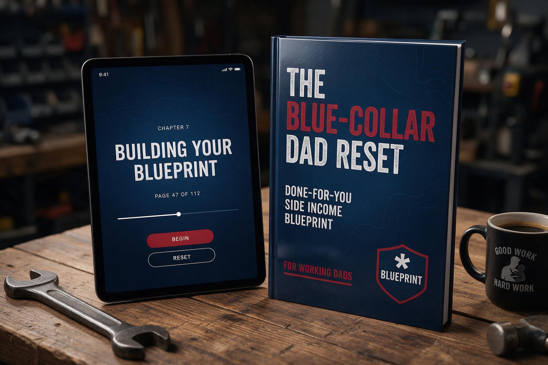 Blue-Collar Dad Reset guide beside a tablet on a workbench