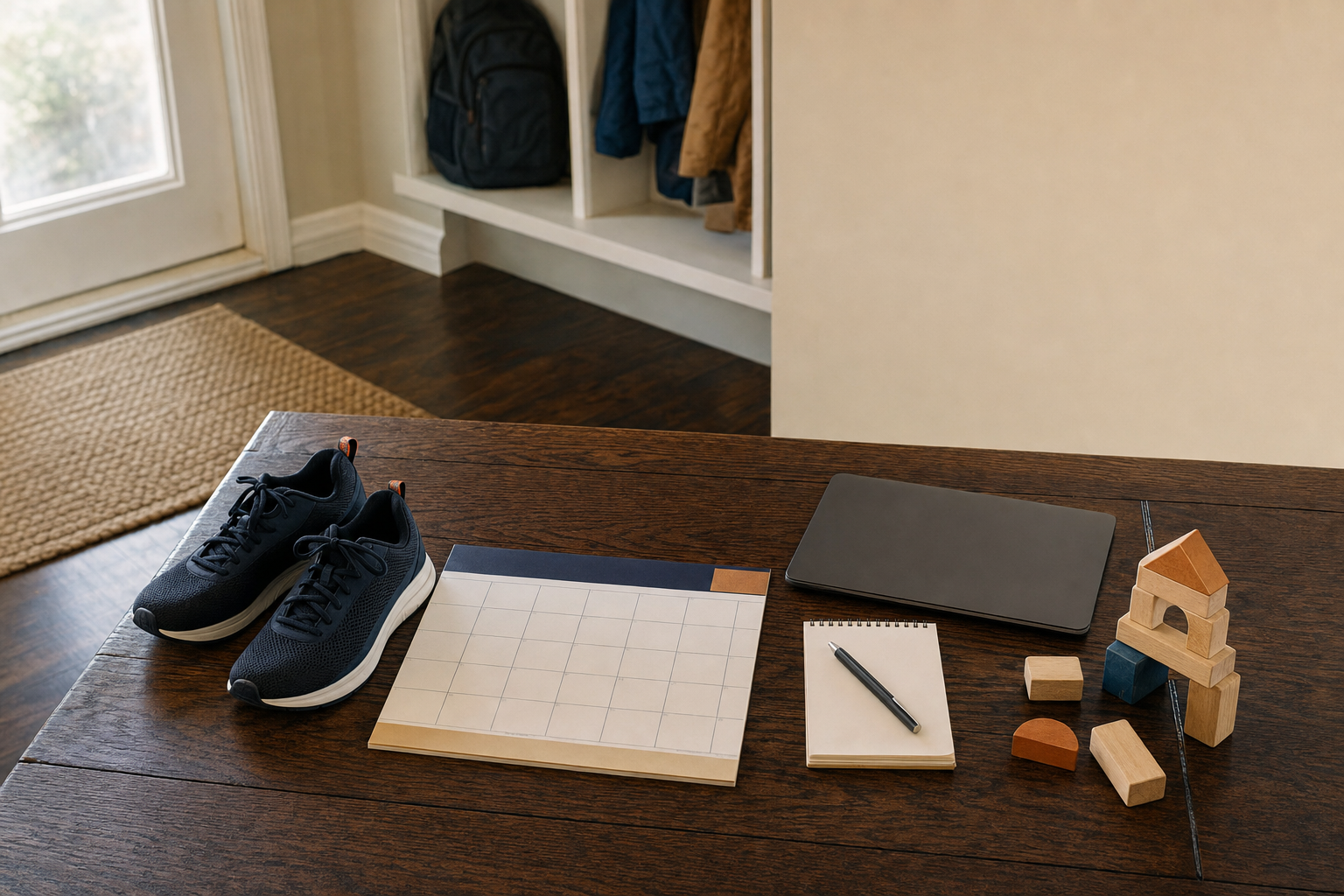 Training shoes, a family calendar, laptop, and wooden blocks on a table