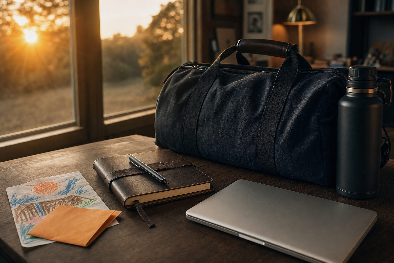 Gym bag, water bottle, notebook, laptop, and child’s drawing in morning light