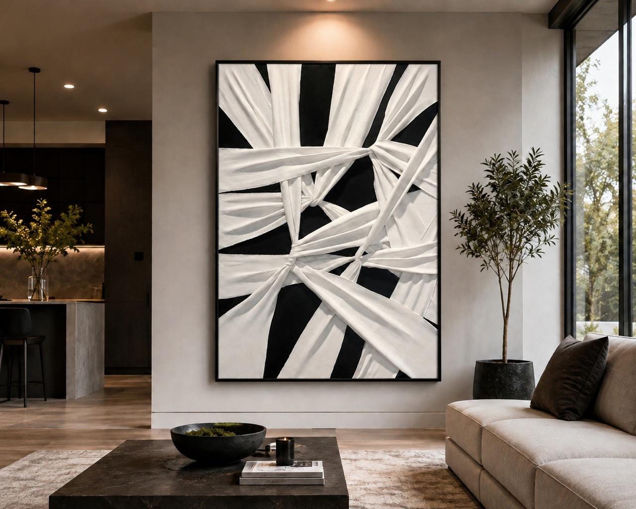 3D Textured Black & White Abstract Canvas | Modern Minimalist Wall Art. (36x24) Additional sizes available view 1