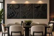Chef's Kiss - Modern Black handcrafted Kitchen Wall Art Set | 3D Utensil Canvas Panels. &nbsp;1 - 3 Panel Set. (24x20)