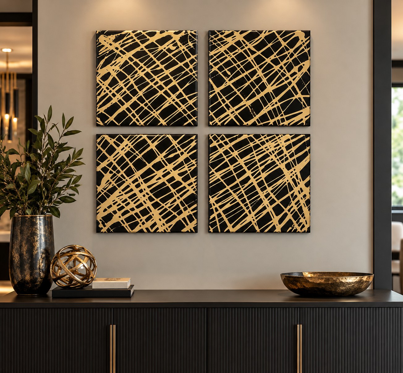Gilded Intersections, black abstract wall art with gold lines