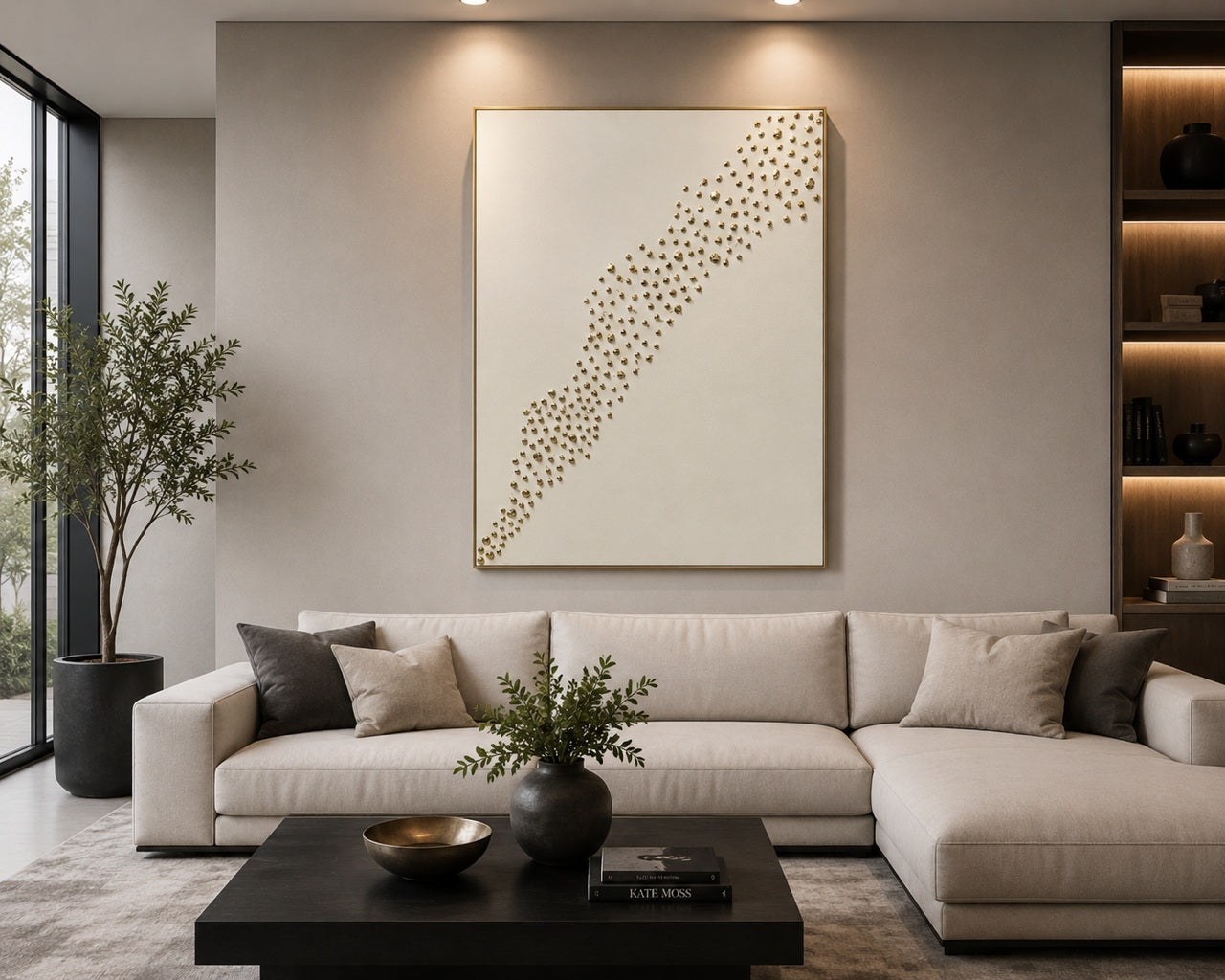 Golden Cascade white and gold abstract wall art