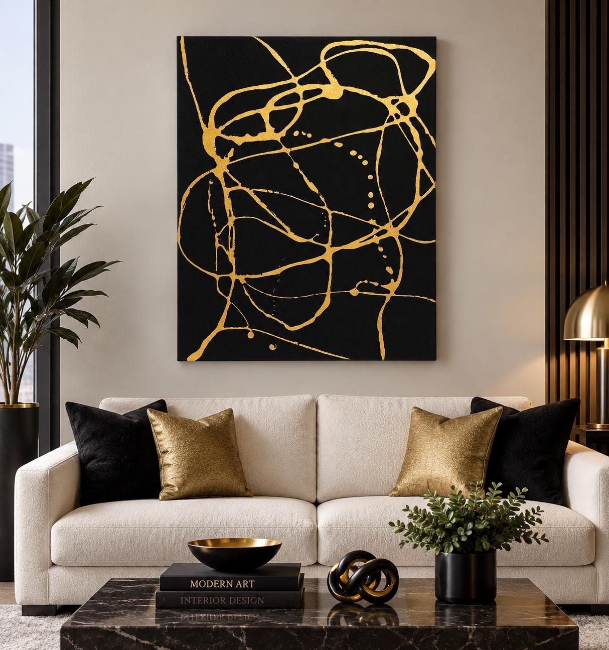 Handmade Black Gold Abstract Canvas | Contemporary Statement Art (11"x14") Additional Sizes Available view 2